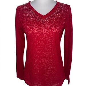 Joei & I Red Burnout Long Sleeve Top Rhinestone V Neck Women’s Shirt Mcbling Y2K
